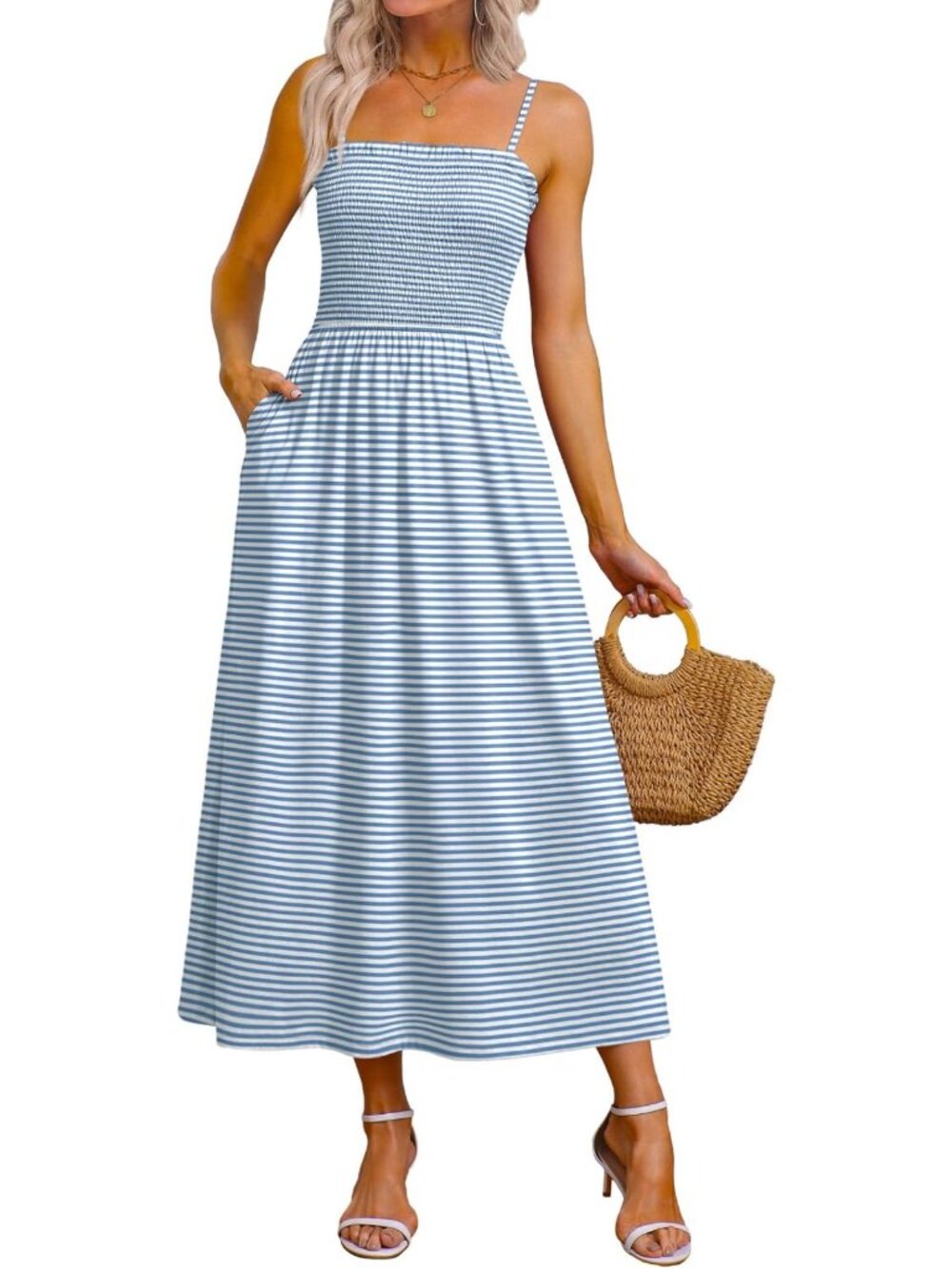 Boho Beach Maxi Dress with Pockets - Spaghetti Strap Long Sundress for Summer